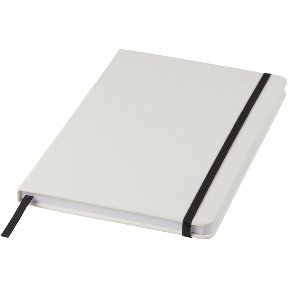 Logo trade promotional merchandise image of: Spectrum A5 white notebook with coloured strap