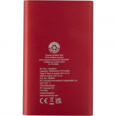 Logotrade corporate gift image of: Pep 4000 mAh Type-C recycled aluminium power bank 