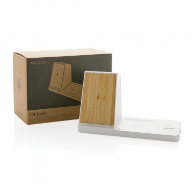 Logo trade promotional items image of: Ontario recycled plastic & bamboo 3-in-1 wireless charger
