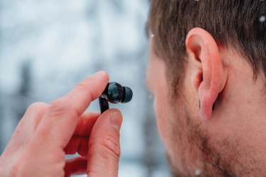 Logotrade promotional giveaways photo of: Skywave RCS recycled plastic solar earbuds