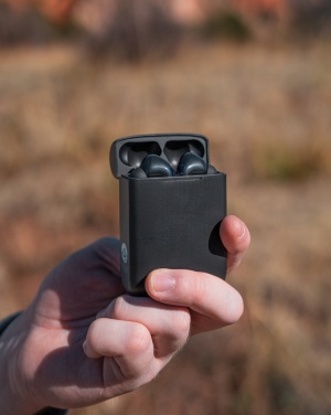 Logotrade promotional gift image of: Skywave RCS recycled plastic solar earbuds