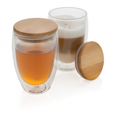 Logo trade promotional merchandise picture of: Double wall borosilicate glass with bamboo lid 350ml 2pc set