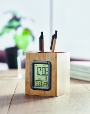 Logo trade promotional gifts image of: Bamboo pen holder and LCD clock