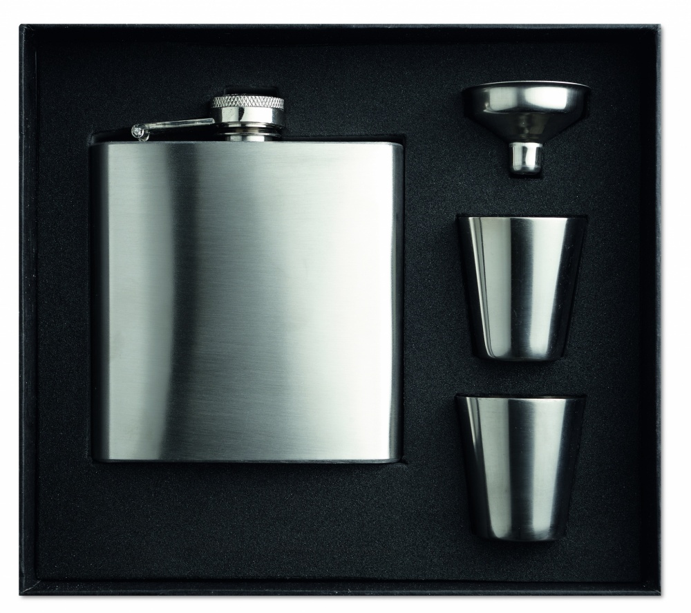 Logo trade promotional items image of: Slim hip flask w 2 cups set