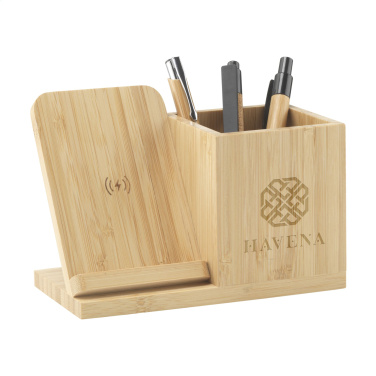 Logo trade promotional merchandise picture of: Bamboo Boss 15W charger/pen holder