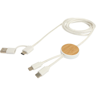 Logotrade corporate gift image of: Chechia 5-in-1 recycled plastic 150 cm data sync and 27W fast charge cable with bamboo details