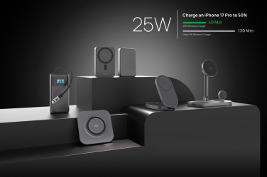 Logo trade mainoslahja ja liikelahja tuotekuva: Quantum ultra-nopea 10 000 mAh magneettinen 25 W powerbank.