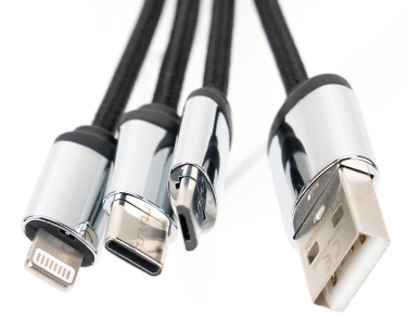 Лого трейд бизнес-подарки фото: Кабель 4-в-1 со светящимся логотипом в деревянном корпусе